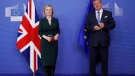 British Foreign Secretary Liz Truss and the European Commissioner in charge of Brexit negotiations Maros Sefcovic pose for a photograph as they meet in Brussels, Belgium February 21, 2022. REUTERS/Johanna Geron
