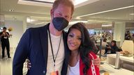 Country singer Mickey Guyton pictured with Prince Harry at the Super Bowl. Pic: @MickeyGuyton/Twitter