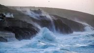 Waves hits Porthleven on the Cornish coast as Storm Eunice makes landfall. Picture date: Friday February 18, 2022.