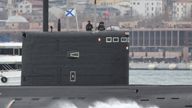 Russian Navy submarine Rostov-on-Don sails in the Bosphorus, on its way to the Black Sea