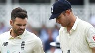 England...s James Anderson and England...s Stuart Broad, right, during day three of the first Test Match between England and India at Trent Bridge cricket ground in Nottingham, England, Friday, Aug. 6, 2021. (AP Photo/Rui Vieira)..