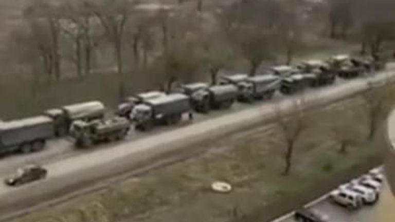 Video shows a large convoy of Russian military vehicles in Crimea pointed towards Ukraine.