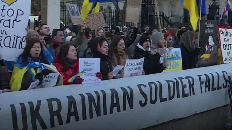 Protesters gathered outside Downing Street to call on the government to impose harsher sanctions on Russia following the Ukrainian invasion. 