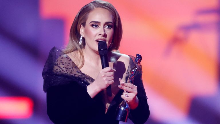 Adele receives the award for Song of the Year at the Brit Awards at the O2 Arena in London, Britain, February 8, 2022 REUTERS/Peter Cziborra
