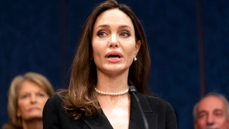 Actress and activist Angelina Jolie speaks at a news conference to discuss the bipartisan update to the Violence Against Women Act, at the Capitol in Washington, Wednesday, Feb. 9, 2022. (AP Photo/J. Scott Applewhite)                                                                                                                                                                                                                   