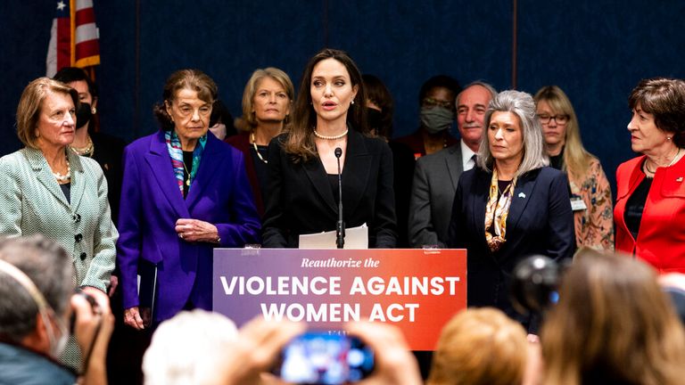 UNITED STATES - FEBRUARY 9: Actress Angelina Jolie joins U.S. Senatrors during their press conference announcing a bipartisan modernized Violence Against Women Act in the Capitol on Wednesday, February 9, 2022. (Bill Clark/CQ Roll Call via AP Images).