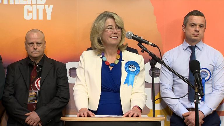 Newly elected Conservative MP Anna Firth makes a speech at Southend Leisure & Tennis Centre after being declared the winner in the Southend West by-election