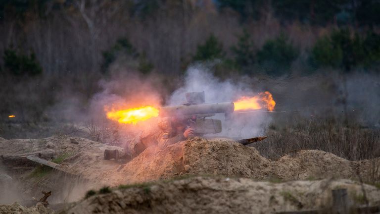 A Ukrainian service member fires with anti-tank missile duding tactical drills at a training ground in an unknown location in Ukraine, in this handout picture released February 22, 2022. Press service of the Ukrainian Armed Forces General Staff/Handout via REUTERS ATTENTION EDITORS - THIS IMAGE HAS BEEN SUPPLIED BY A THIRD PARTY.
