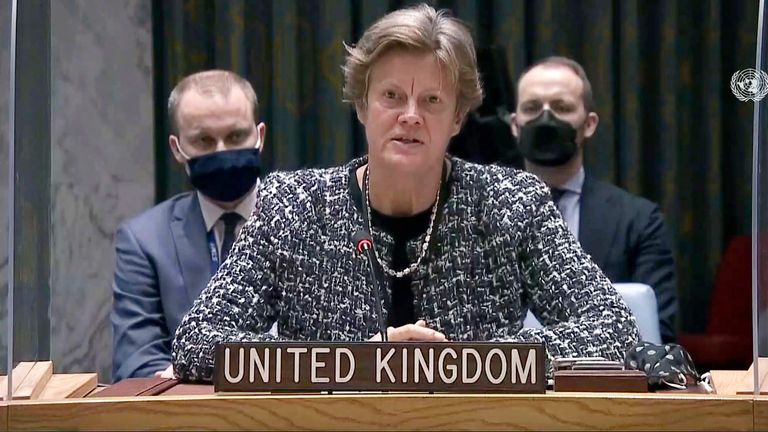 UK&#39;s UN Ambassador Barbara Woodward speaks during a U.N. Security Council meeting, Monday, Feb., 21, 2022. Pic: AP