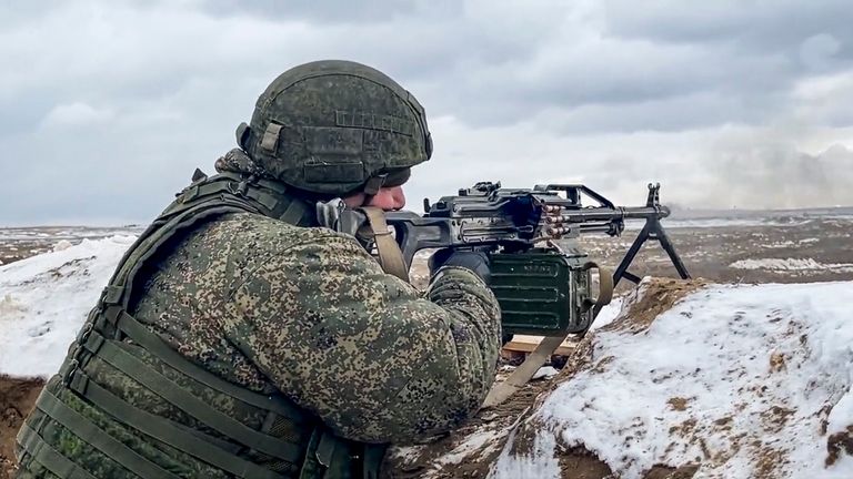 In this photo taken from video and released by the Russian Defense Ministry Press Service on Wednesday, Feb. 2, 2022, a soldier fires during a Russian and Belarusian joint military drills at Brestsky firing range, Belarus. Russian and Belarus troops held joint combat training at firing ranges in Belarus Wednesday as tensions remain high under the looming threat of war with Ukraine. 
PIC:AP