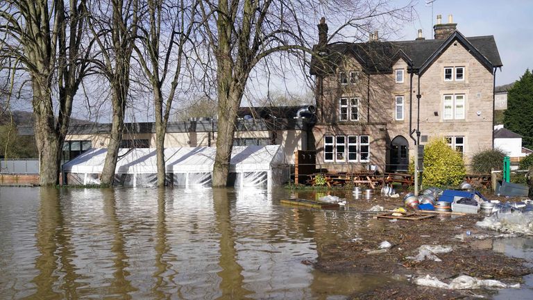 The Hurt Arms pub is surrounded by flood water in Belper, Derbyshire, as Britons have been warned to brace for strengthening winds and lashing rain as Storm Franklin moved in overnight, just days after Storm Eunice destroyed buildings and left 1.4 million homes without power. Picture date: Monday February 21, 2022.