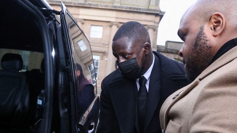 Manchester City defender Benjamin Mendy leaves the Chester Crown Court after a hearing on rape and sexual assault allegations, in Chester, Britain February 2, 2022. REUTERS/Molly Darlington
