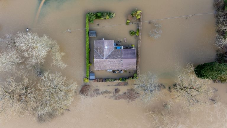 A property surrounded by floodwater after the River Severn burst its banks at Bewdley in Worcestershire. Feb 22