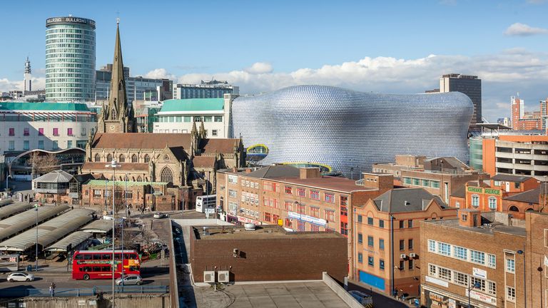 View of the Birmingham skyline including the church of St Martin, the Bullring shopping centre and the outdoor market. Birmingham, England, UK
