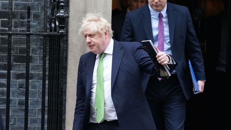 Prime Minister Boris Johnson leaves Downing Street, London, to update MPs in the House of Commons with the latest developments regarding Ukraine. Picture date: Tuesday February 22, 2022.
