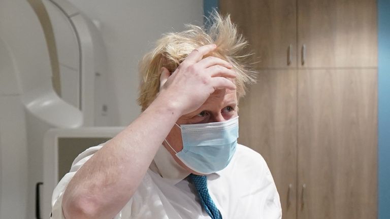 Prime Minister Boris Johnson gives an interview during a visit to the Kent Oncology Centre at Maidstone Hospital in Kent. Picture date: Monday February 7, 2022.
