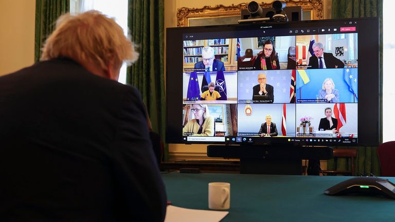25/02/2022. London, United Kingdom. Prime Minister Boris Johnson holds a call with members of the Joint Expeditionary Force (JEF) to discuss the ongoing situation in Ukraine from 10 Downing Street. Picture by Simon Dawson / No 10 Downing Street
