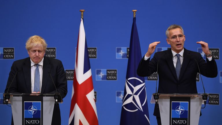 Prime Minister Boris Johnson (left) during his meeting with Nato secretary general Jens Stoltenberg at Nato Headquarters in Brussels, Belgium, as tensions remain high over the build-up of Russian forces near the border with Ukraine. Picture date: Thursday February 10, 2022.
