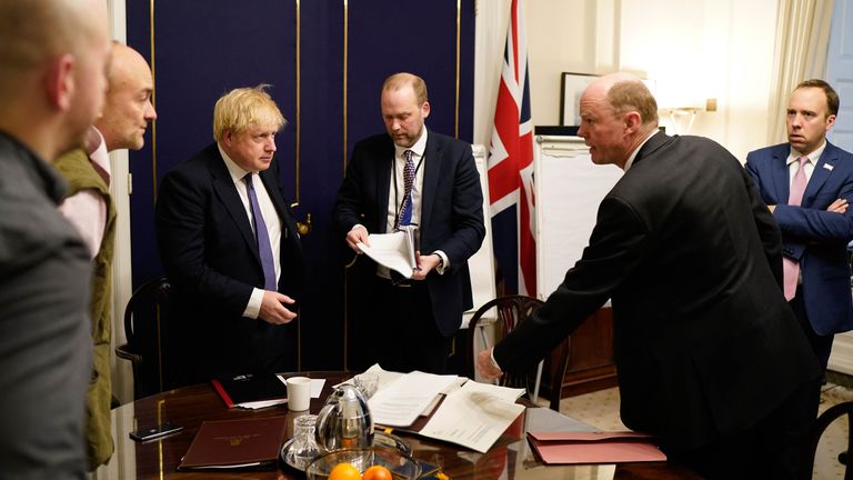 Jack Doyle centre, right of Boris Johnson
Prime Minister Boris Johnson’s One Year Anniversary.. 28/02/2020. London, United Kingdom. Boris Johnson- Coronavirus meeting. 10 Downing Street. Britain&#39;s Prime Minister Boris Johnson is joined by the Health Secretary Matt Hancock, Chris Witty, Dom Cummings, Lee Cain, Jack Doyle, as he chairs an update on the UK Government&#39;s preparedness on the Coronavirus inside his office of No10 Downing Street. Picture By Andrew Parsons / No10 Downing St