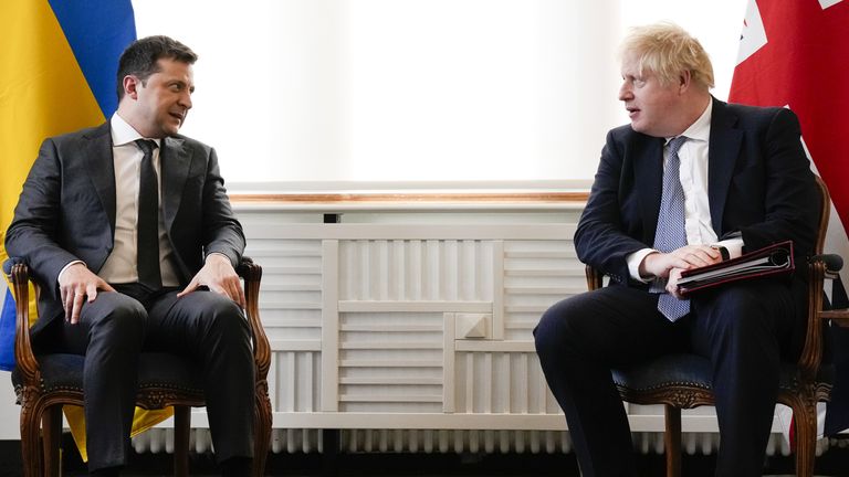 Ukrainian President Volodymyr Zelenskyy attends a meeting with Prime Minister Boris Johnson at the Munich Security Conference in Germany where the Prime Minister is meeting with world leaders to discuss tensions in eastern Europe. Picture date: Saturday February 19, 2022.