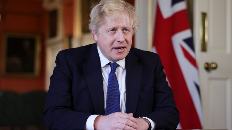 Prime Minister Boris Johnson records an address at Downing Street after he chaired an emergency Cobra meeting to discuss the UK response to the crisis in Ukraine in London. Picture date: Thursday February 24, 2022.

