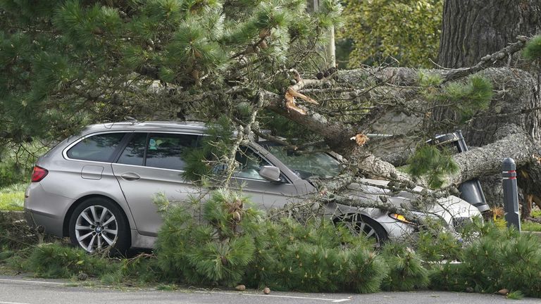 A fallen branch on a car in a car park in Lyme Regis, west Dorset, as Storm Eunice hits the south coast, with attractions closing, travel disruption and a major incident declared in some areas, meaning people are warned to stay indoors. A rare red weather warning - the highest alert, meaning a high impact is very likely - has been issued by the Met Office due to the combination of high tides, strong winds and storm surge. Picture date: Friday February 18, 2022.