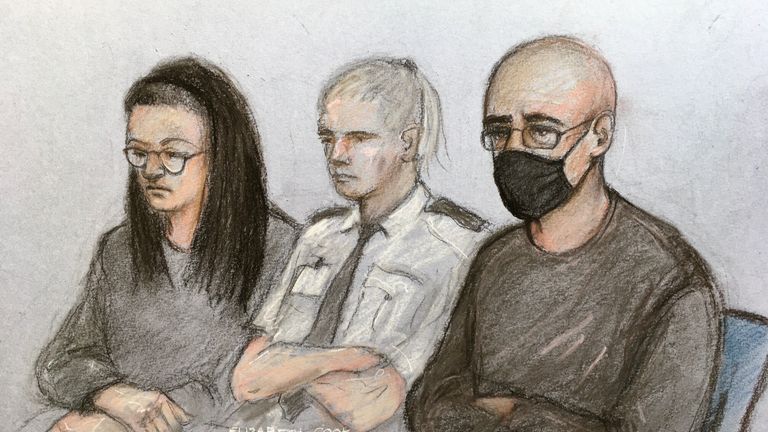 Sketch of forensic artist by Elizabeth Cook from Angharad Williamson, 30, and her partner, John Cole, 39, in the quay at Cardiff Crown Court, where along with a 14-year-old boy, who cannot be named for legal reasons, is charged.  with killing five-year-old Logan Mwangi, son of Williamson, who was found dead on the banks of the Ogmore River near his hometown of Sarn in Bridgend County on July 31, 2021. Image date: Tuesday, February 22, 2022.