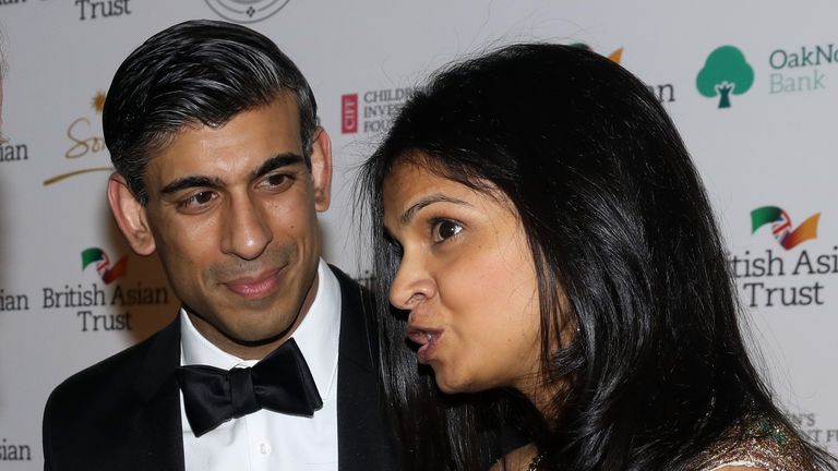 The Prince of Wales speaks to Chancellor of the Exchequer Rishi Sunak and Akshata Murthy as they attend a reception to celebrate the British Asian Trust at the British Museum, in London. Picture date: Wednesday February 9, 2022.
