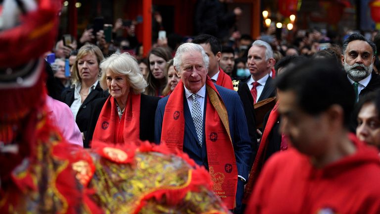 Britain&#39;s Prince Charles and Camilla, Duchess of Cornwall, visit Chinatown marking Chinese Lunar New Year celebrations in London, Britain, February 1, 2022. Justin Tallis/Pool via REUTERS