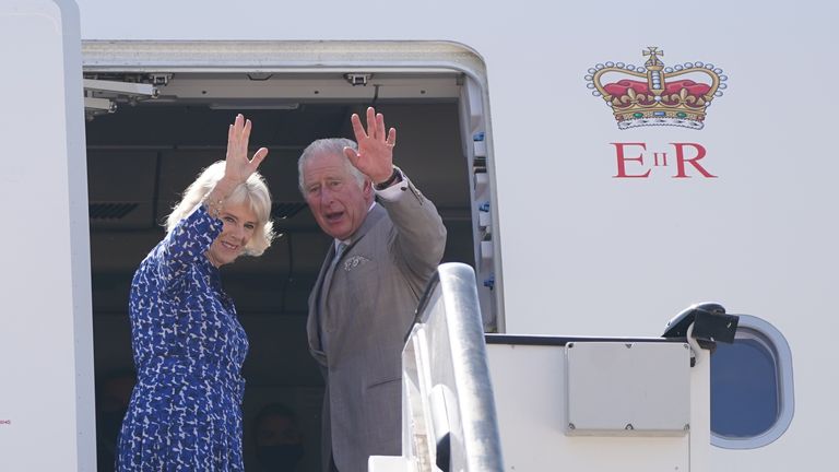 Britain&#39;s Charles, Prince of Wales, and Camilla, Duchess of Cornwall, wave as they depart Jordan to fly to Egypt, on the third day of their tour of the Middle East, at Queen Alia International Airport, Amman, Jordan November 18, 2021. Joe Giddens/Pool via REUTERS