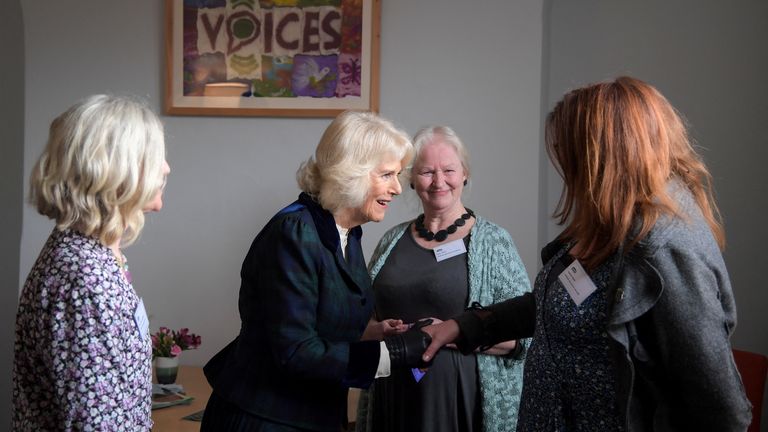 Camilla, Duchess of Cornwall, meets staff and trustees as she visits the Bath-based charity VOICES, in Bath, Britain February 8, 2022. Finnbarr Webster/Pool via REUTERS