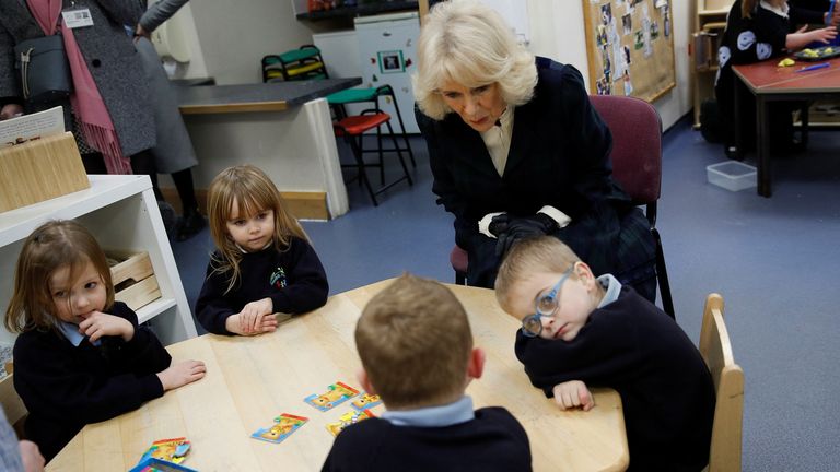 The Duchess of Cornwall talks to pupils during a visit to Roundhill Primary School, in, Southdown, Bath. Picture date: Tuesday February 8, 2022.