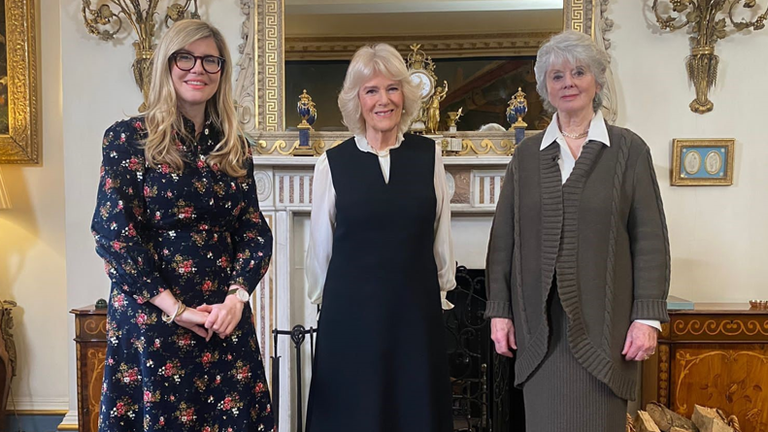 The Duchess of Cornwall was joined by Diana Parkes (R), whose daughter was killed by her husband, and Emma Barnett at Clarence House