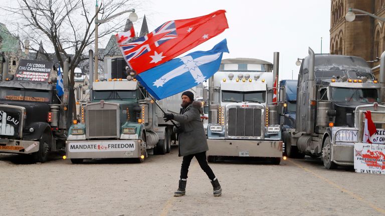 A protester seen waving flags in Ottawa on 31 January. Pic: AP