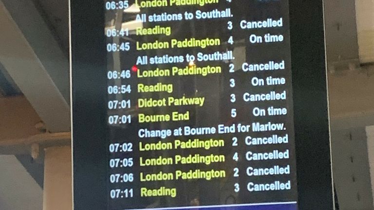 A sign at Maidenhead station shows cancelled trains after Storm Eunice hit the south coast, with attractions closing, travel disruption and a major incident declared in some areas urging people to stay indoors. Picture date: Friday February 18, 2022.
