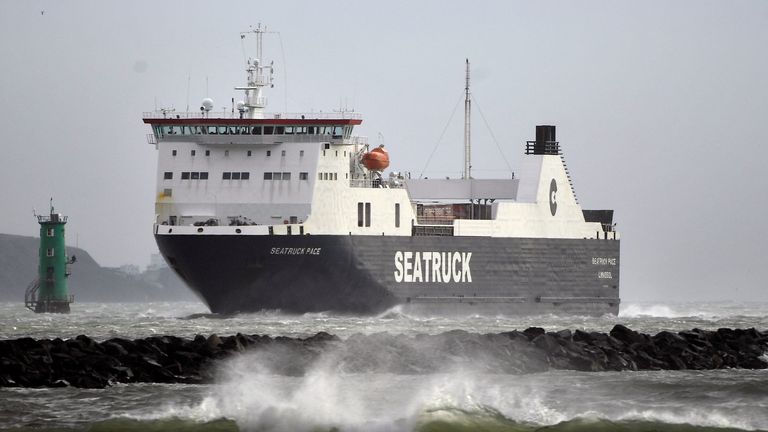 A sea truck cargo ship arrives into Dublin Port during Storm Eunice, in Dublin, Ireland February 18, 2022. REUTERS/Clodagh Kilcoyne
