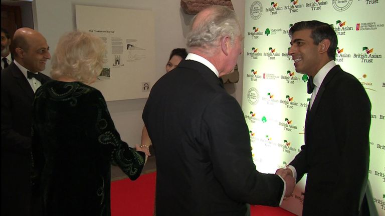 Prince Charles was seen shaking hands with chancellor Rishi Sunak and home secretary Priti Patel at the British Asian Trust.