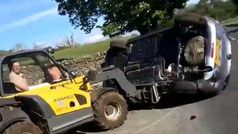 video played at Durham Crown Court showing Charlie Burns, a friend of car driver Elliott Johnson, remonstrating with farmer Robert Hooper, 57, of Brockersgill Farm, Newbiggin-in-Teesdale, County Durham, who used a farm vehicle to remove a Vauxhall Corsa from his land last June. Mr Hooper is on trial at Durham Crown Court where he denies dangerous driving and criminal damage. Issue date: Tuesday February 1, 2022.