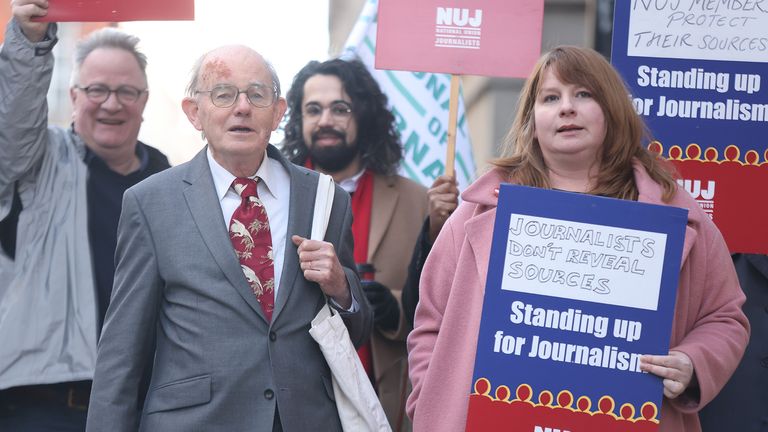 Chris Mullin with the General Secretary of the National Union of Journalists, Michelle Stanistreet outside the Old Bailey in London, to challenge an application by West Midlands Police to require him to disclose source material dating back to his investigation in 1985 and 1986 relating to the 1974 Birmingham pub bombings. Picture date: Friday February 25, 2022.