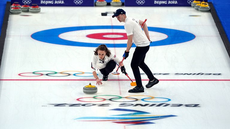 Great Britain&#39;s Jennifer Dodds and Bruce Mouat during the Mixed Doubles Bronze Medal match on day four of the Beijing 2022 Winter Olympic Games at the National Aquatics Centre in China. Picture date: Tuesday February 8, 2022.
