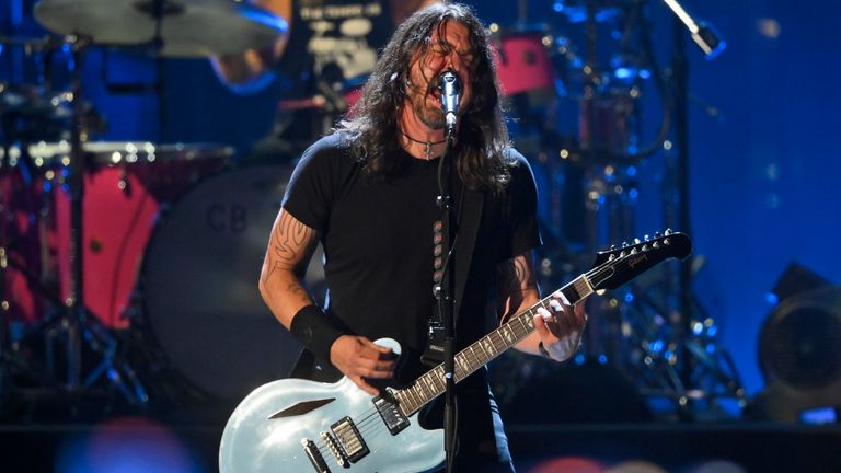 Dave Grohl performs with the Foo Fighters during the Rock & Roll Hall of Fame induction ceremony, Sunday, Oct. 31, 2021, in Cleveland. Pic: AP/David Richard