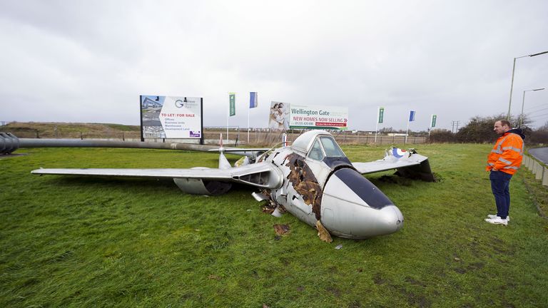The de Havilland Venom plane which has been blown down in Wantage, Oxfordshire, as Storm Eunice hits the south coast. Picture date: Friday February 18, 2022.
