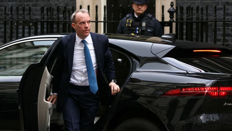 British Deputy Prime Minister and Justice Secretary Dominic Raab gets out of a car at Downing Street, in London, Britain, February 21, 2022. REUTERS/Tom Nicholson
