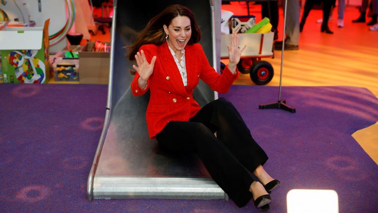 The Duchess of Cambridge comes down a slide during a visit to the LEGO Foundation PlayLab at the Carlsberg Campus, University College Copenhagen, Denmark