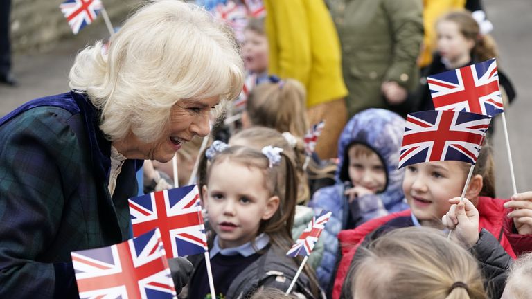 The Duchess of Cornwall meet children as she arrives for a visit to Roundhill Primary School, in, Southdown, Bath. Picture date: Tuesday February 8, 2022.
