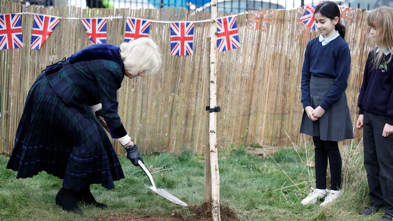The Duchess of Cornwall plants a tree during a visit to Roundhill Primary School, in Southdown, Bath