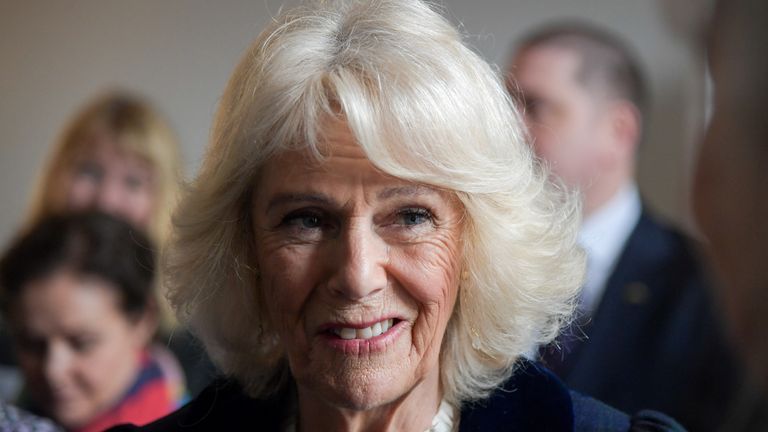 Britain&#39;s Camilla, Duchess of Cornwall, meets staff and trustees as she visits the Bath-based charity VOICES, in Bath, Britain February 8, 2022. Finnbarr Webster/Pool via REUTERS
