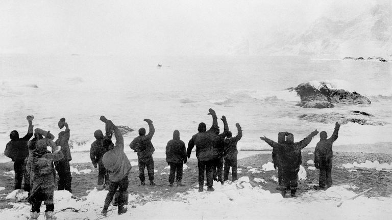 The scene on Elephant Island when, at the fourth attempt, Sir Ernest Shackleton succeeded in reaching the Island and getting off the 22 men whom he had left there when he set off on his journey of 750 miles to South Georgia in a little boat to get help.