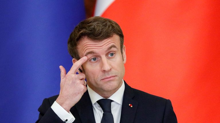 French President Emmanuel Macron attends a news briefing following talks with Ukrainian President Volodymyr Zelenskiy in Kyiv, Ukraine February 8, 2022. REUTERS/Gleb Garanich
