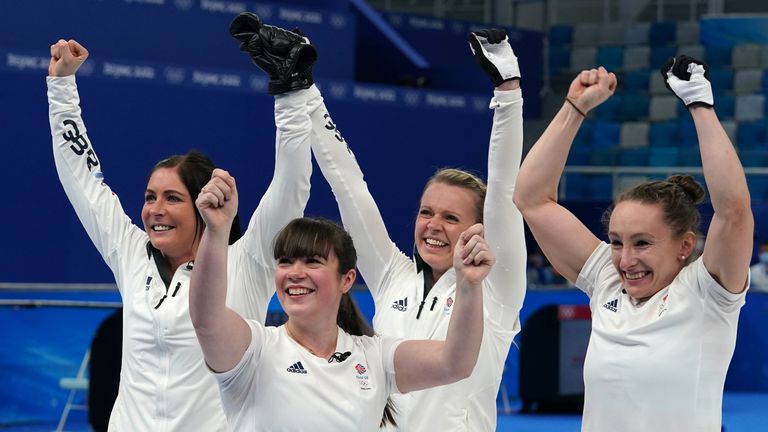 Left to right, Great Britain&#39;s Eve Muirhead, Hailey Duff, Vicky Wright and Jennifer Dodds celebrate victory after the Women&#39;s Curling Semi-Final during day fourteen of the Beijing 2022 Winter Olympic Games at the National Aquatics Centre in Beijing, China. Picture date: Friday February 18, 2022.
